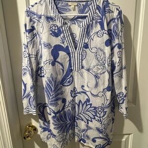 Talbots Blue and White Leaf Print Top
